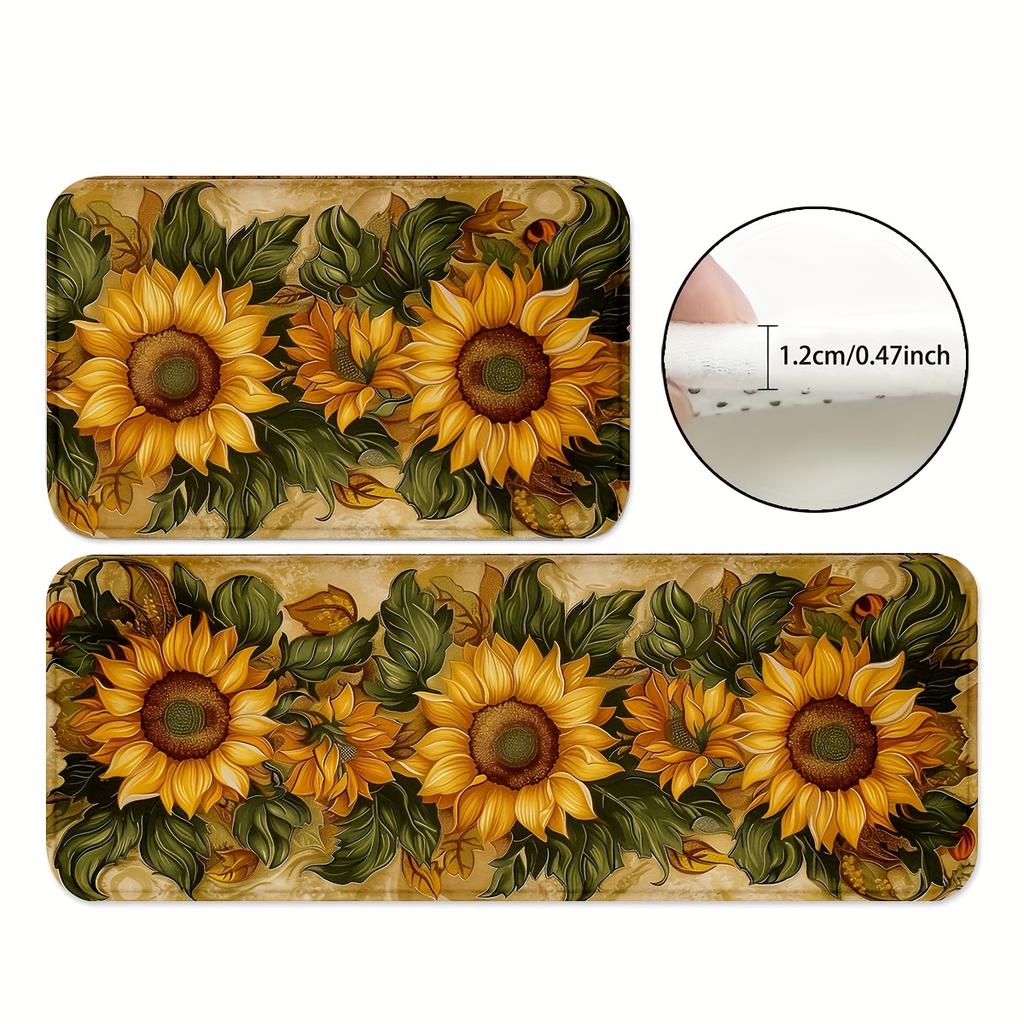 1 Stück Anti-Ermüdungs-Küchenteppiche, Sonnenblumen-Print Wasserdicht Rutschfest Dick Gepolsterte Küchenmatte Strapazierfähige Komfort-Standmatte für die Küche