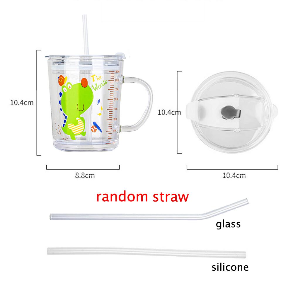 Tazza da latte per bambini unicorno carino da 350 ml con scala Tazza da colazione trasparente con coperchio e cannuccia Tazza di vetro cartoon per bambini Drinkware