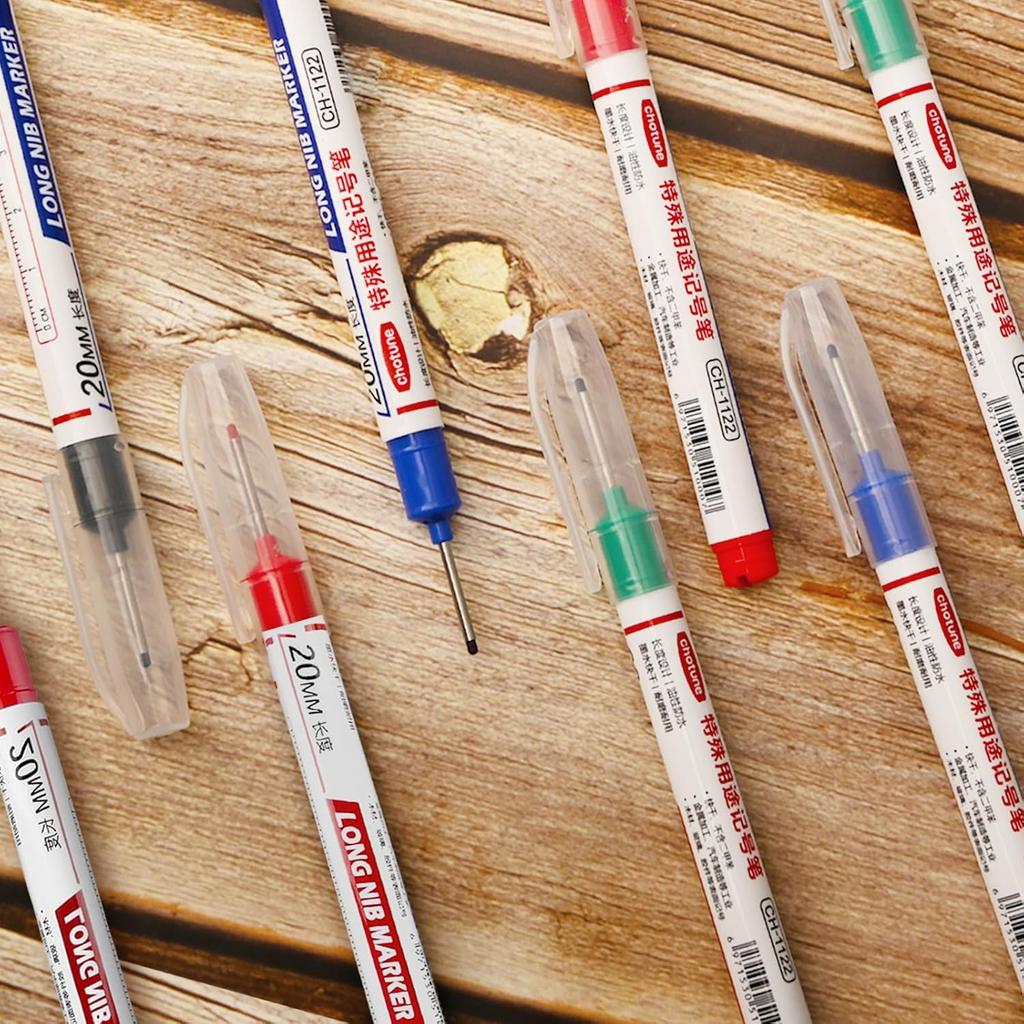 12 PCS Long Head Deep Hole Marker Pens, 20mm Long Nib Markers, Waterproof Quick Drying Colorful Carpenter Marking Tool for Office Supplies,