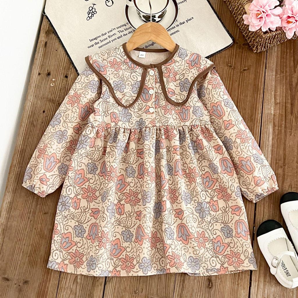 Spring Autumn Little Girls' Korean Style Princess Dress with Doll Collar and Flare Sleeves