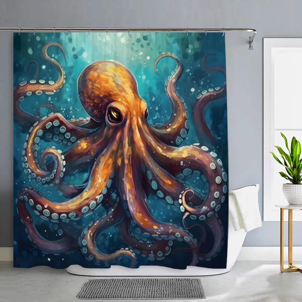 Ocean Animals Bathroom Curtains Watercolour Octopus Jellyfish Turtle Polyester Fabric Washable Shower Curtains Bathroom Decor