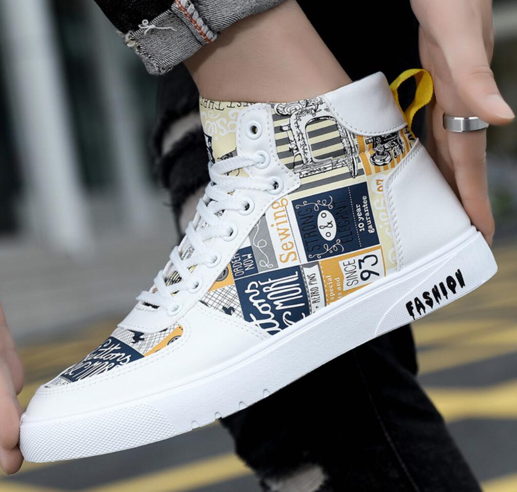 Fashion Street Lace Up Doodle Footwear for Men Tennis Shoes Zapatillas Hombre Men‘s Sneakers High Top Casual Shoes Fashion Skateboard
