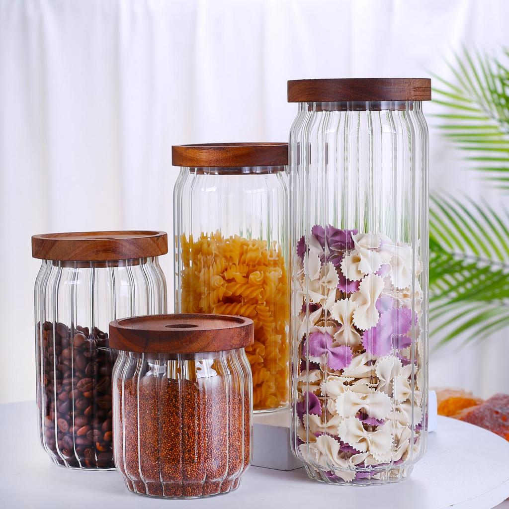 Wave Stripe Glass Storage Jar with Wood Lid for Coffee Beans