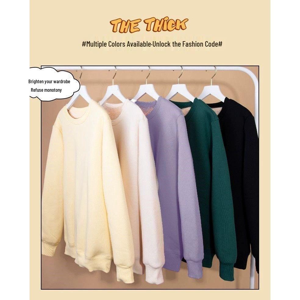 Lambswool Velvet-Lined Crew Neck Hooded Pullover for Women – Loose, Solid Color, Korean Style, Autumn/Winter