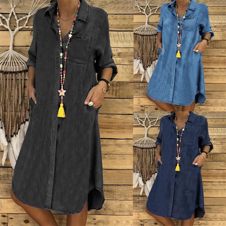 2023 Women's Large Size Solid Color Denim Dress - Casual Style