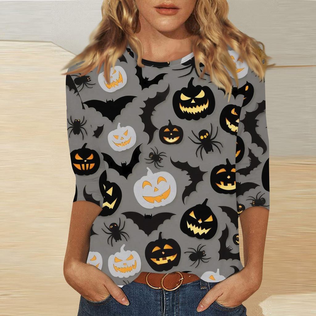 Women's Fashion Casual Three-quarter Sleeve Halloween Printed Round Neck Top