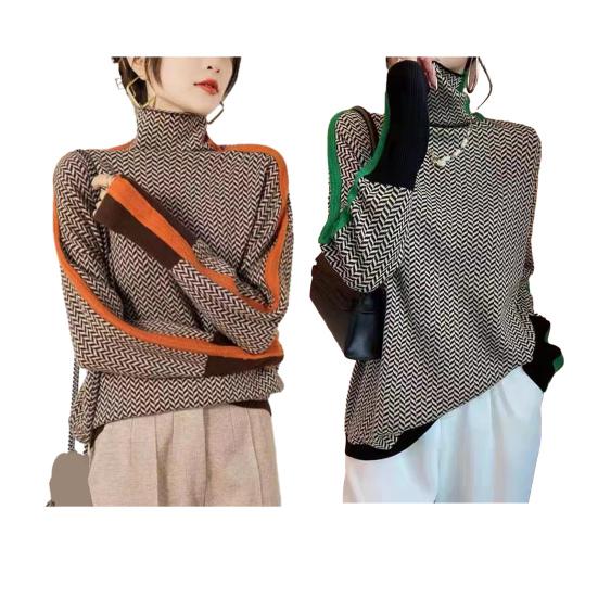 Ženy Podzim Zima Kontrastní barva Svetr Vysoký límec Dlouhý rukáv Sestřihy Design Pletené topy Silný teplý svetr