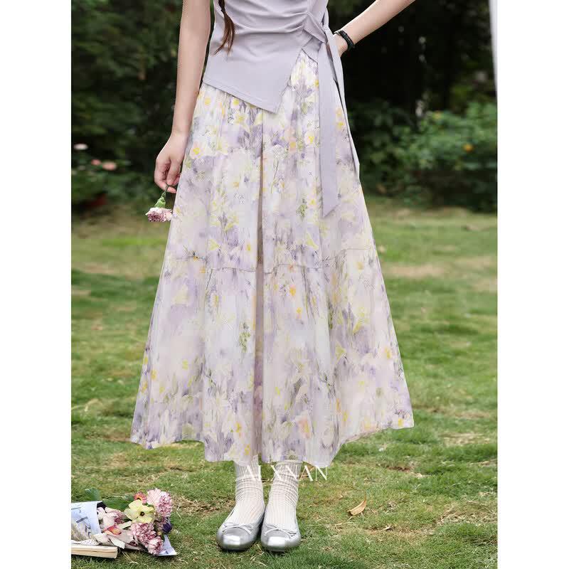 French Style Purple A-Line Midi Skirt