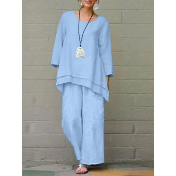 

2 шт./комплект женский повседневный наряд с круглым вырезом и длинными рукавами топы с эластичной талией широкие длинные брюки комплект однотонная домашняя одежда XXXXXL синий