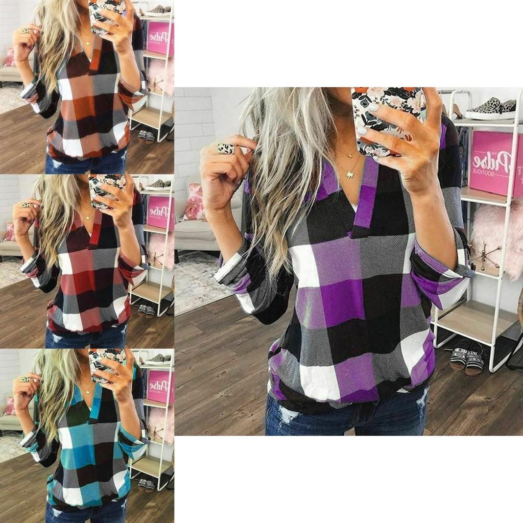 Stylish S-5xl Women's Long Sleeve Plaid T-shirt Blouse With V-neck Design
