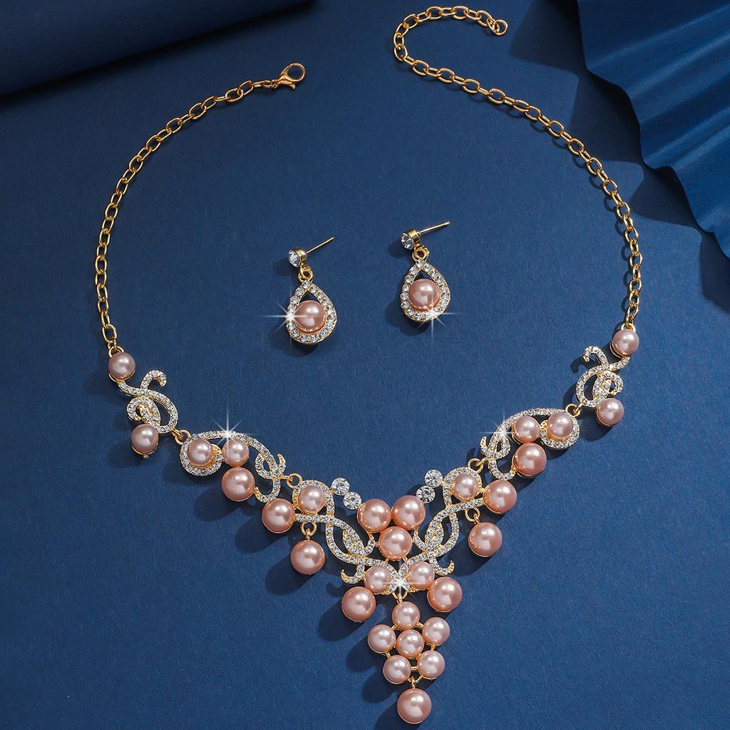 3pcs women's Zircon set, alloy water droplet shaped flower pearl necklace earrings, bride's wedding accessories