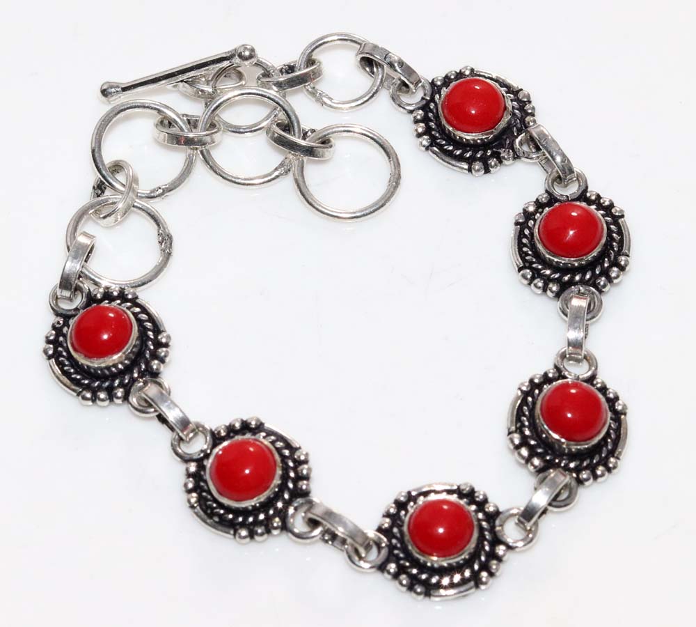 Exclusive Red Coral 925 Silver Plated Bracelet 8" Elegant Gift Design Trendy t0T67