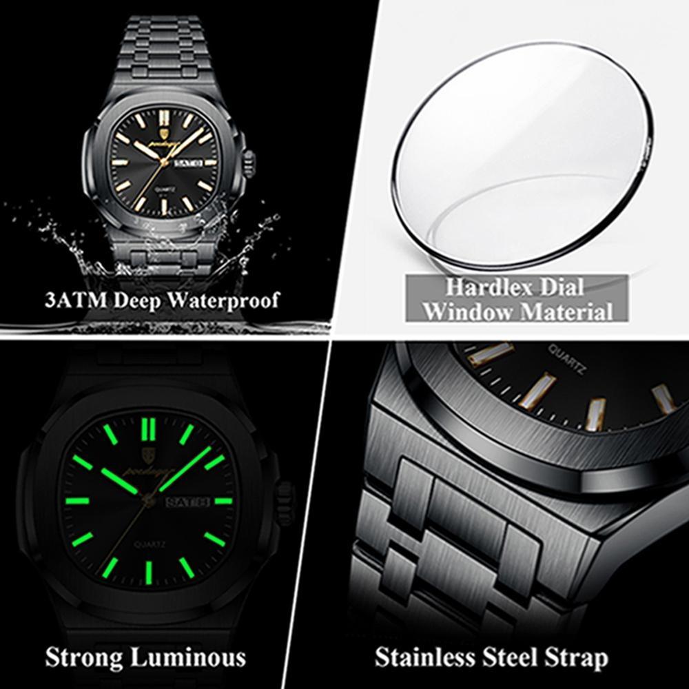 Luxury Square Men's Watches Waterproof Luminous Date Week Men Watch Stainless Steel Fashion Quartz Wristwatch