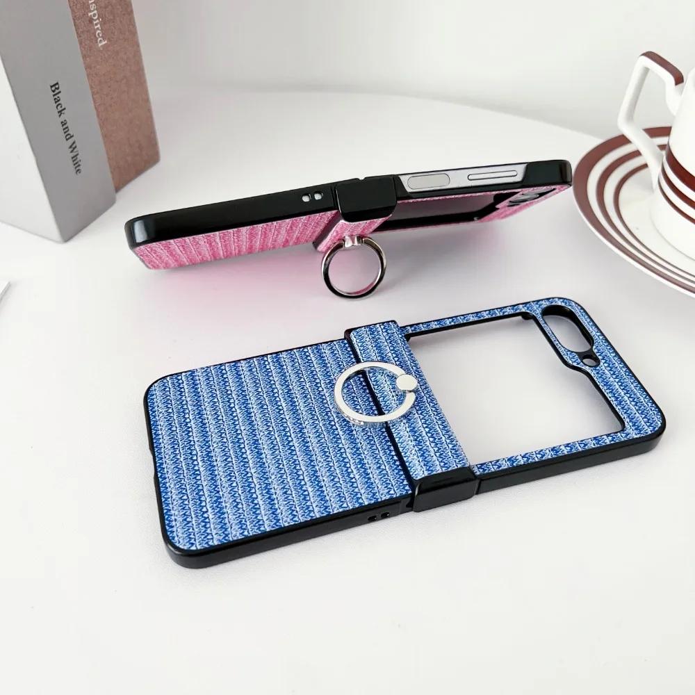 Leather Ring Bracket Hinge Protective Shockproof Phone Case for Samsung Galaxy Z Flip 6 5 4 3 Flip6 Flip5 Flip4 Flip3 5G Cover