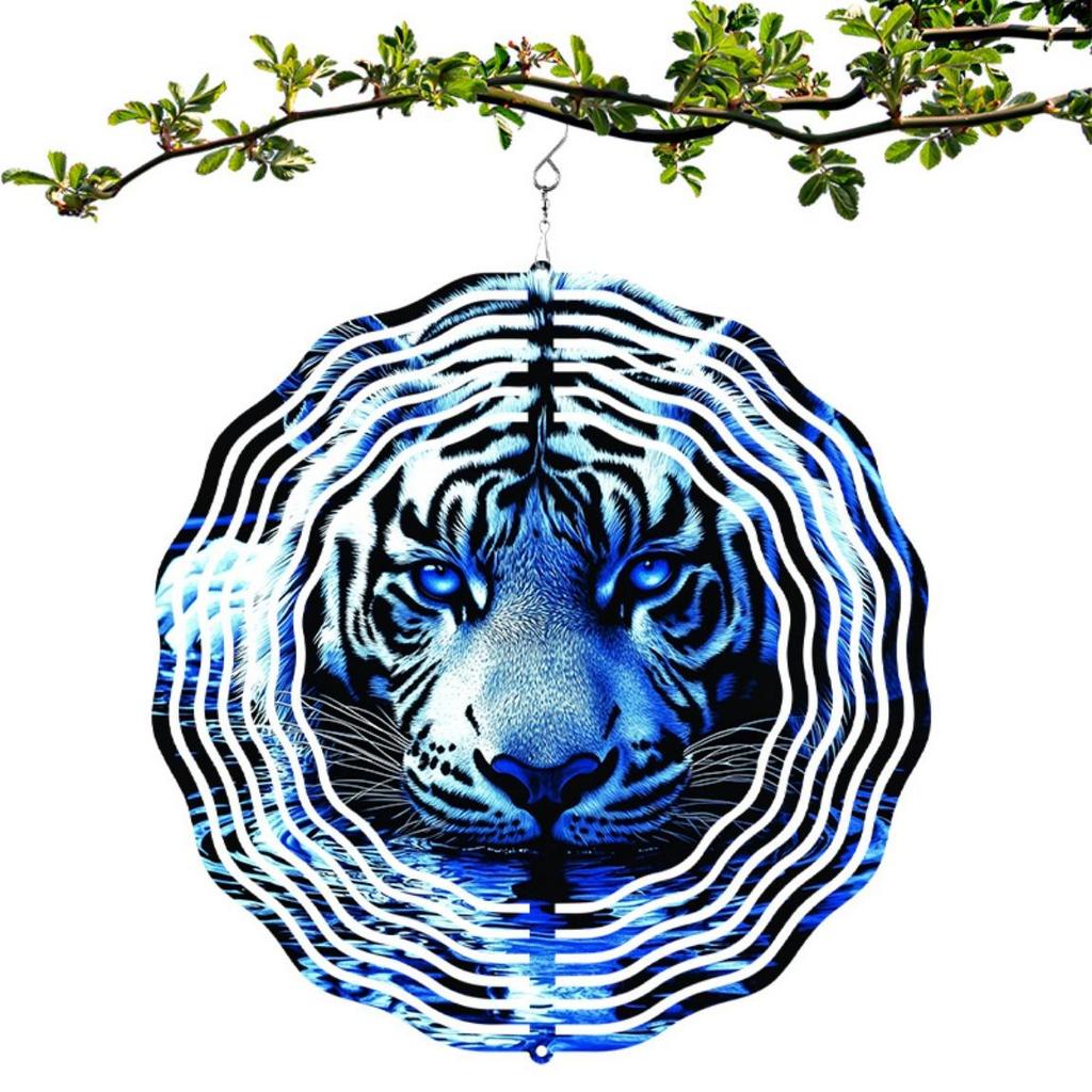 Metal Wind Spinner 2D Blue Tiger Design Hanging Decor for Garden Yard Balcony Outdoor Decoration No Battery Needed
