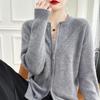 Women's Cashmere Wool Jacquard Zip-Up Cardigan - Round Neck, Solid Color, Long Sleeve, Loose, Slimming Knit Sweater Coat