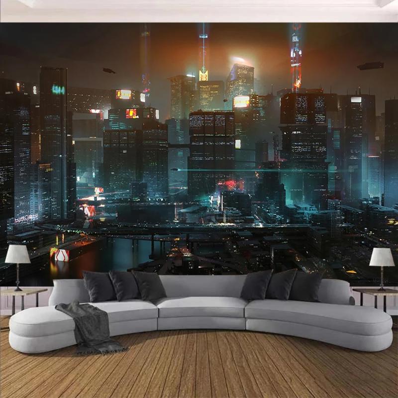 Cyberpunk Neon City Wall Tapestry Sci-Fi Night Scene Wall Hanging Bedroom Esports Gamer Room Decoration 100X70CM