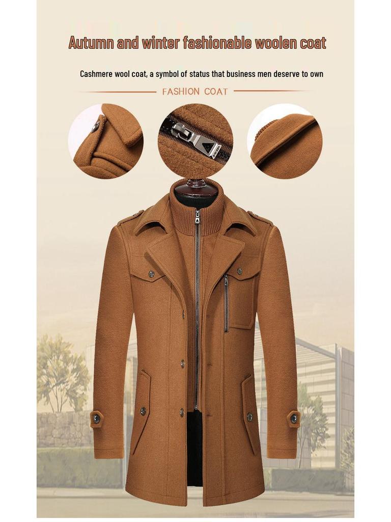Men's Woolen Double Collar Business Overcoat - Autumn/Winter Style