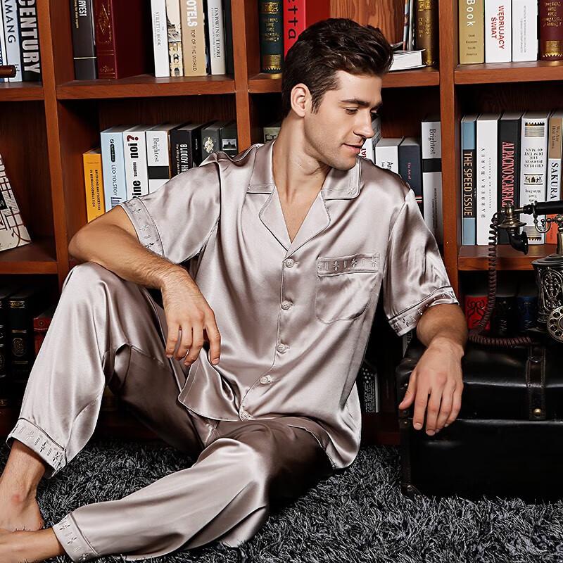 American Standard 19mm Heavyweight 6A Grade Mulberry Silk Men's Short Sleeve Long Pants Pajamas Gray M