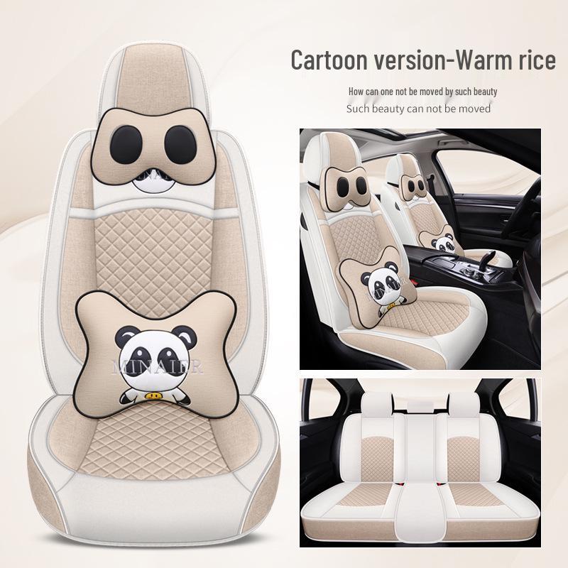 Universal Linen Cartoon Panda Car Seat Cushion Set for All-Season