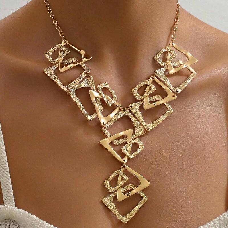 Geometric Pendant Necklace Women Gold Tone Alloy Triangle Rectangle Cutout Statement Chain Jewelry