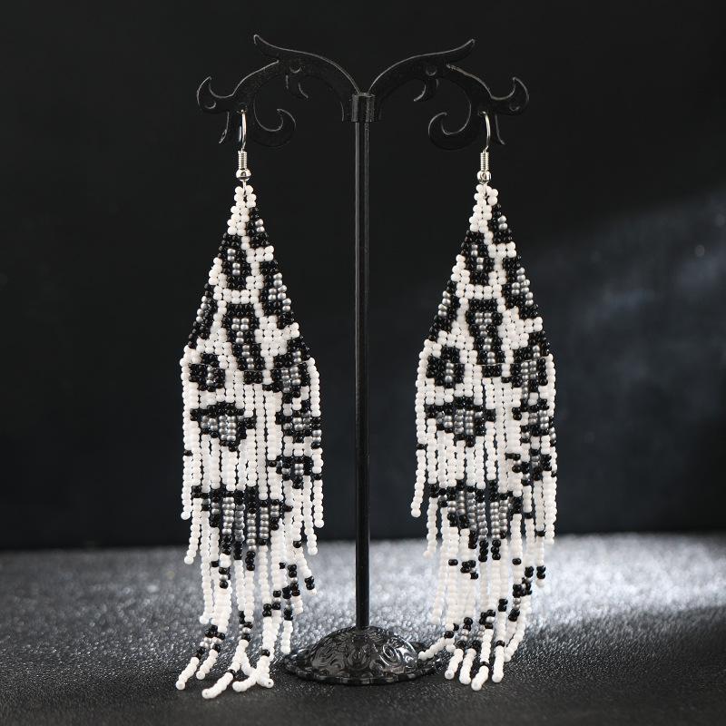 Popular Handmade Rice Beads Leopard Print Series Fringed Earrings Women's Personality Temperament Long Earrings Bohemian Tide