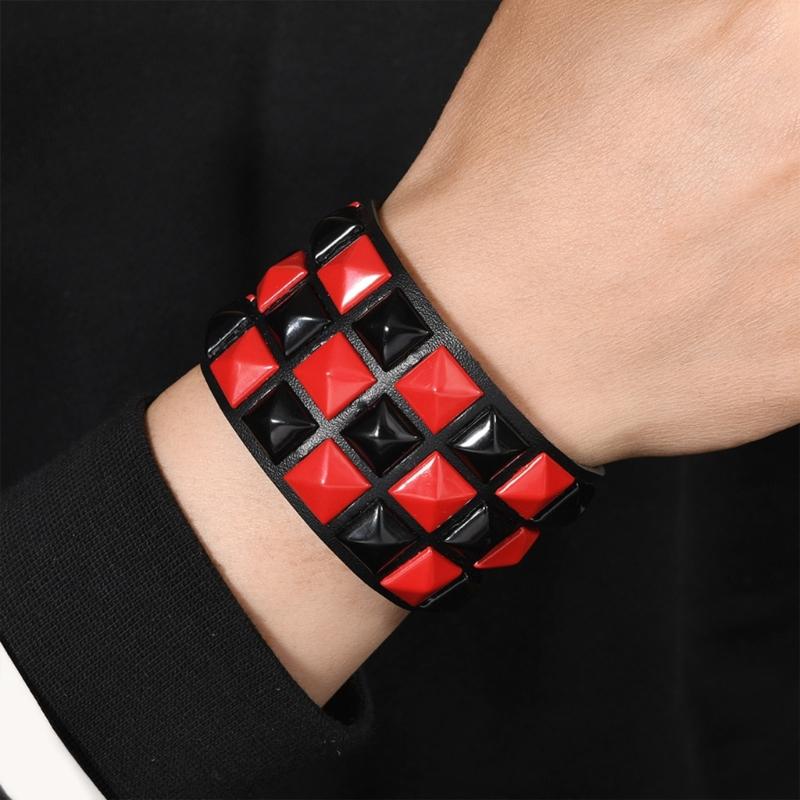 Comfort Fit Adjustable Bracelet Three Row Square Studs Punk Design Soft Leather for Stylish Daily Fashion