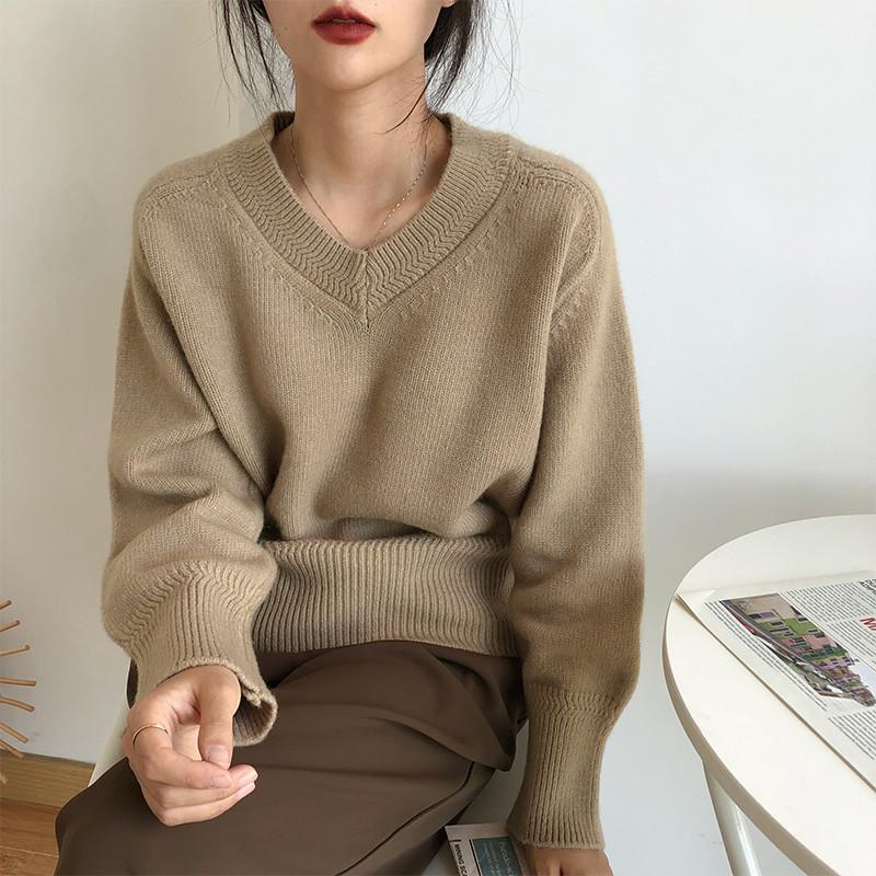 Svetr pro ženy Podzim Zima Zesílený Hřejivý Pletený Pružný Dlouhý rukáv Výstřih do V Topy
