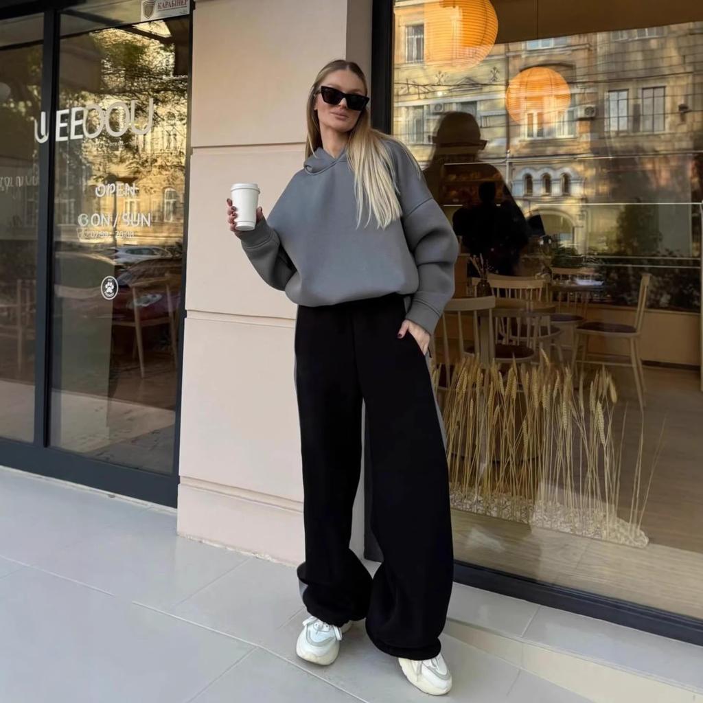 European and American contrasting color design sweater set two-piece set girly hooded pullover top casual sports trousers