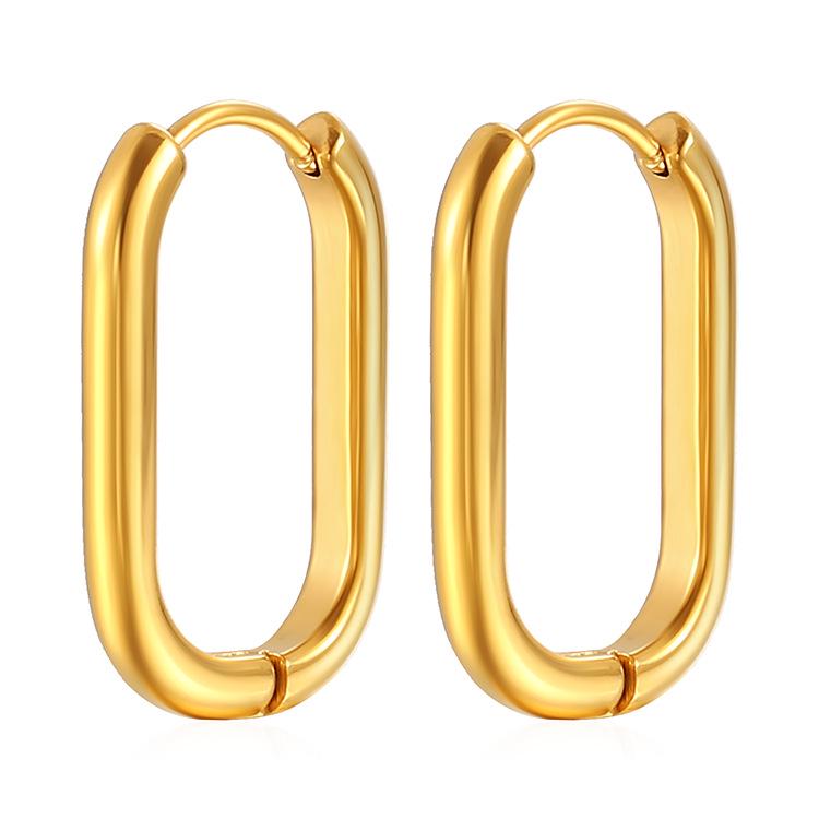 European & American Geometric Oval 18K Gold Titanium Steel Earrings with 3D Oil-Pressed Design