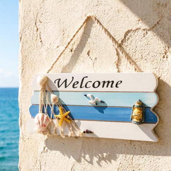 Beach Welcome Sign for Front Door Summer Ocean Wood Plaque Rustic Door Hanger with Starfish Shells for Farmhouse Outdoor Porch Decor