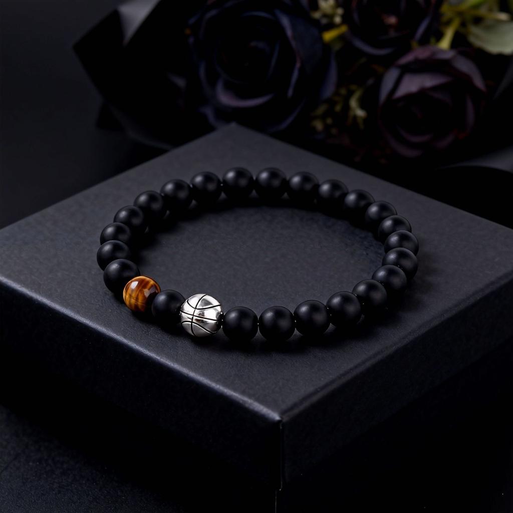Festive Gifts Matte Black Onyx Tiger Eye Basketball Charm Beaded Bracelet Sporty Fashion Jewelry For Men Daily Wear Gift