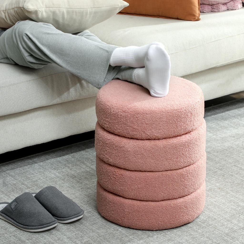 Living Room Footrest, Round Ottoman Stool, Plush Teddy, 40 x 45 cm, Pink