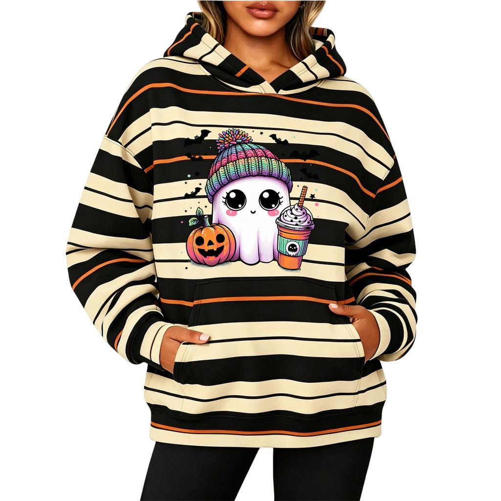 Women's Fashion Striped Print Long Sleeve Pullover Hoodie with Pockets for Halloween