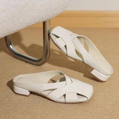 Modische Baotou Hausschuhe Sommer Neu Quadratische Zehenpartie Flacher Ausschnitt Hohl Weiche Sohle Rutschfest Abriebfest Niedriger Absatz Schuhe