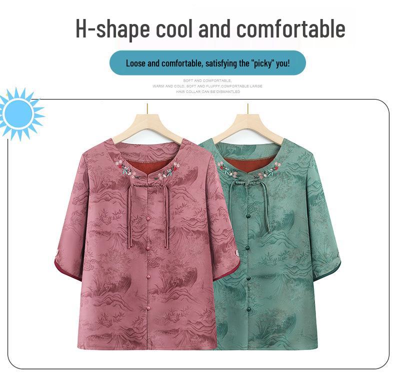 2026 Spring/Summer Embroidered Lace-up Round Neck Top for Middle-aged Women – Short Sleeve Chinese Style Shirt