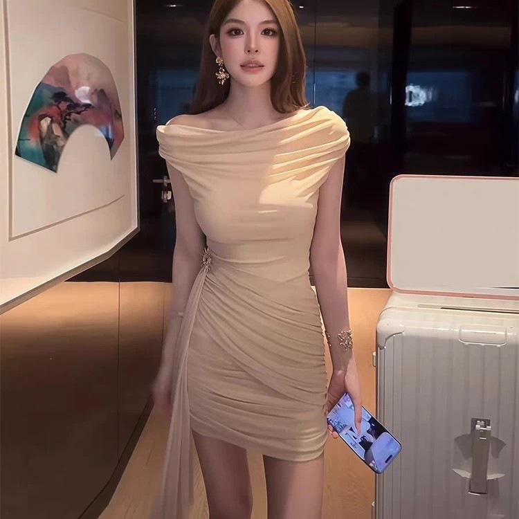 Sexy Style Solid Color Mesh Yarn One-word Shoulder Pleated Dress Women's Summer Small Streamer Waist Thin Hip Skirt