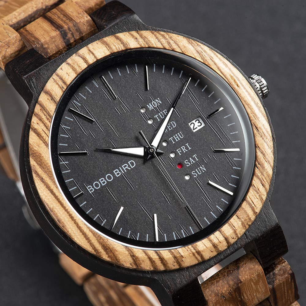 BOBO BIRD Men's Wood Watch, Analog Quartz Movement, Week Display, Lightweight, Handmade Wooden Watch for Men