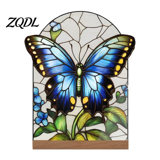 Artistic Tabletop Accents Stained Glass Style Acrylic Table Centerpieces, Floral & Landscape Pattern Exquisite Room Decor Sign with Wood Base for Home