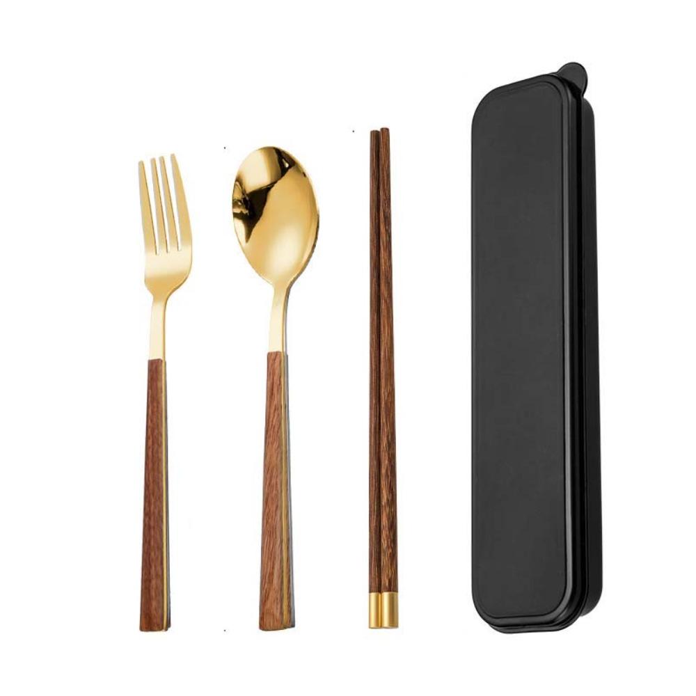4PCS/Set Wooden Handle Portable Tableware Set with Box Fork Spoon and Chopsticks Set  Travel