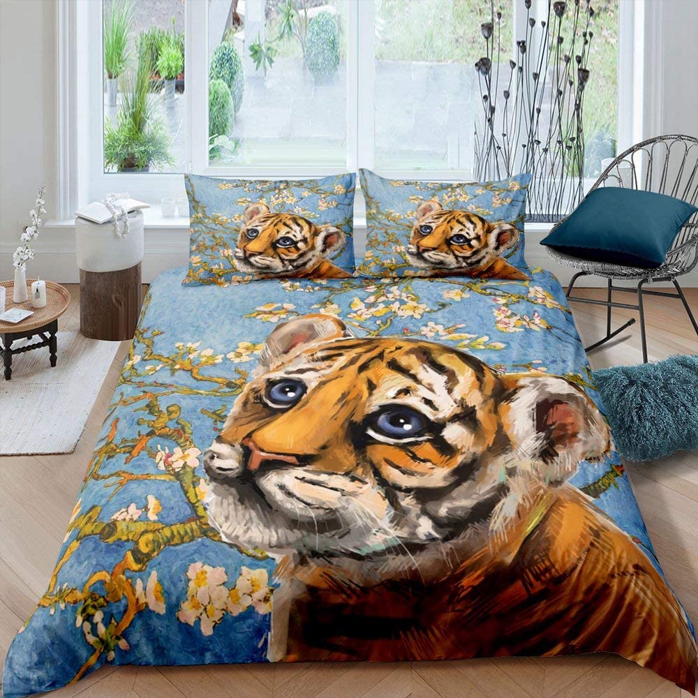 Tiger Wild Animals Duvet Cover Set King Of The Forest Pattern Polyester Comforter Cover King Queen Full Size For Kids Boys Girls