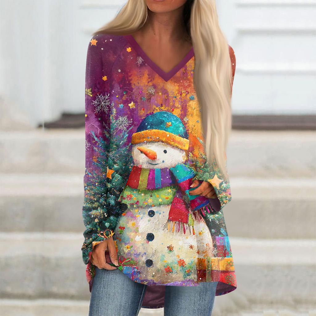 Ladies' Fashionable Casual Christmas Printed T-shirt Long Sleeved V-neck Mid Length Top