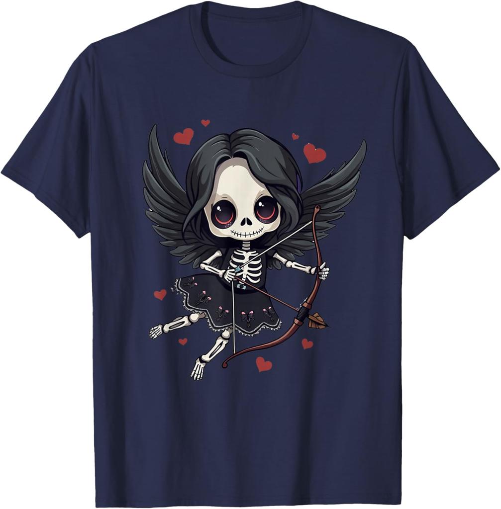 Gothic Skeleton Cupid Dark Valentine Kawaii Angel Graphic Tee Casual Cotton T-Shirt