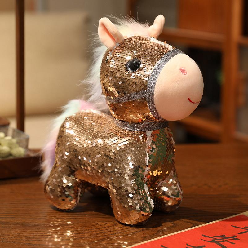 Non-Toxic Sequins Pony Stuffed Animal Toy Reversible Rainbow Sequins Horse Plush Pillow Soft Plush Toy For Children'S Day Birthday