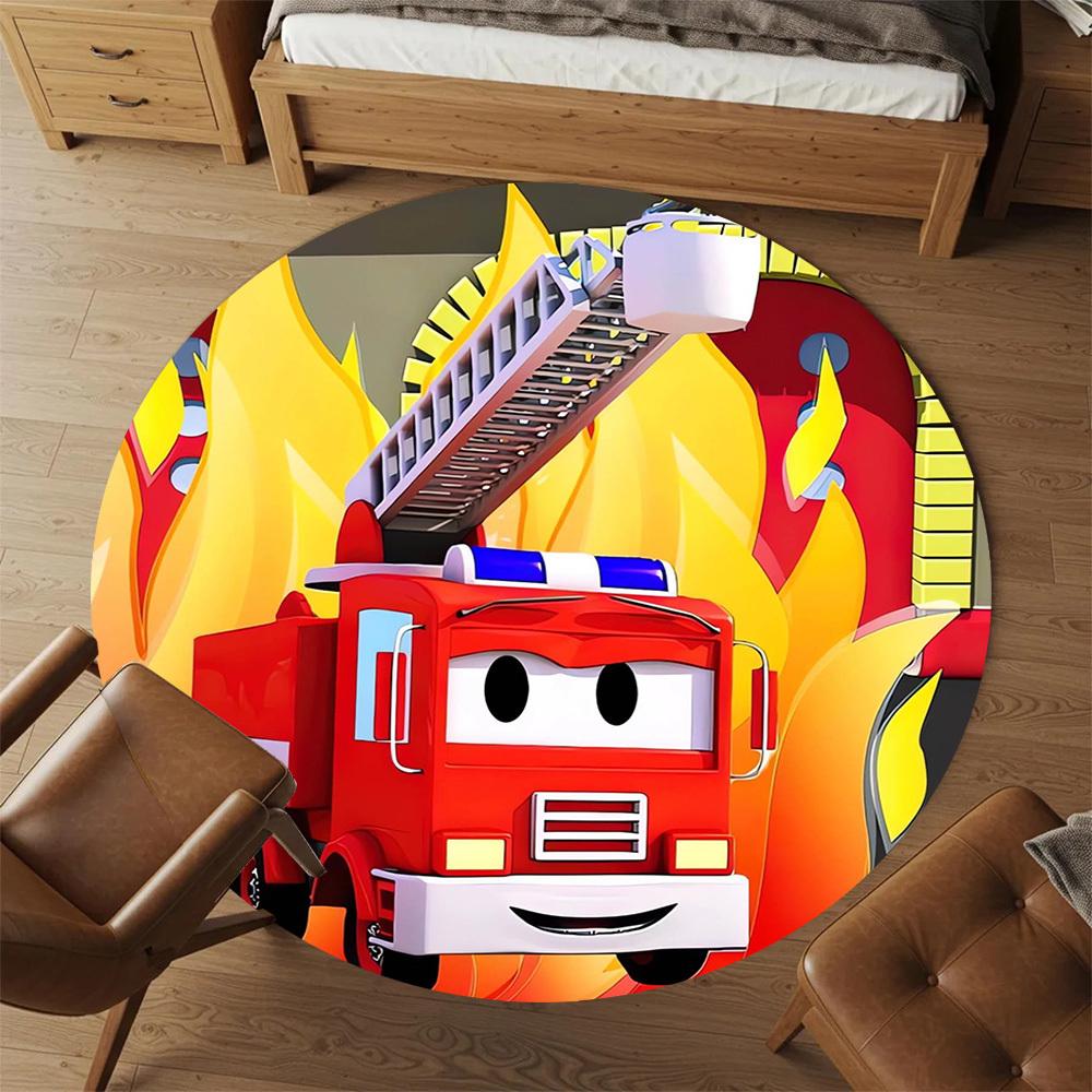 1pc Fire Truck, Flames Round Chair mat Area Rug - Non-Slip, Floor Mat for Office, Bedroom, Ideal home decor Christmas Gift p0811461