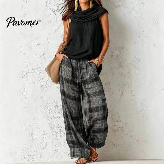 Casual Sleeveless Top Women Pants 2-Piece Set, Summer Ruffle Mock Neck Vacation Wear & Plaid Wide Leg Pants, Vintage Loose Outfit Set Relaxed
