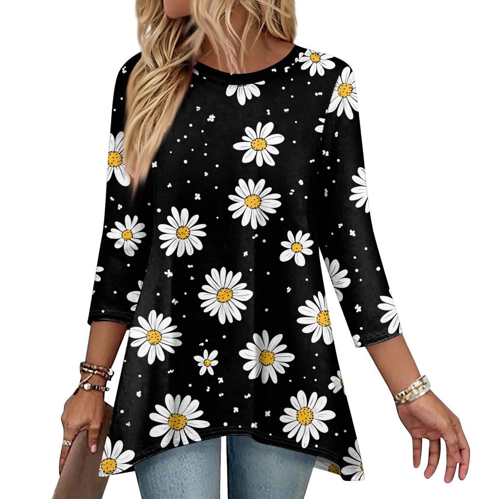 Women's Fashion Casual O-Neck 3/4 Sleeve Loose Printed T-Shirt Ladies Top