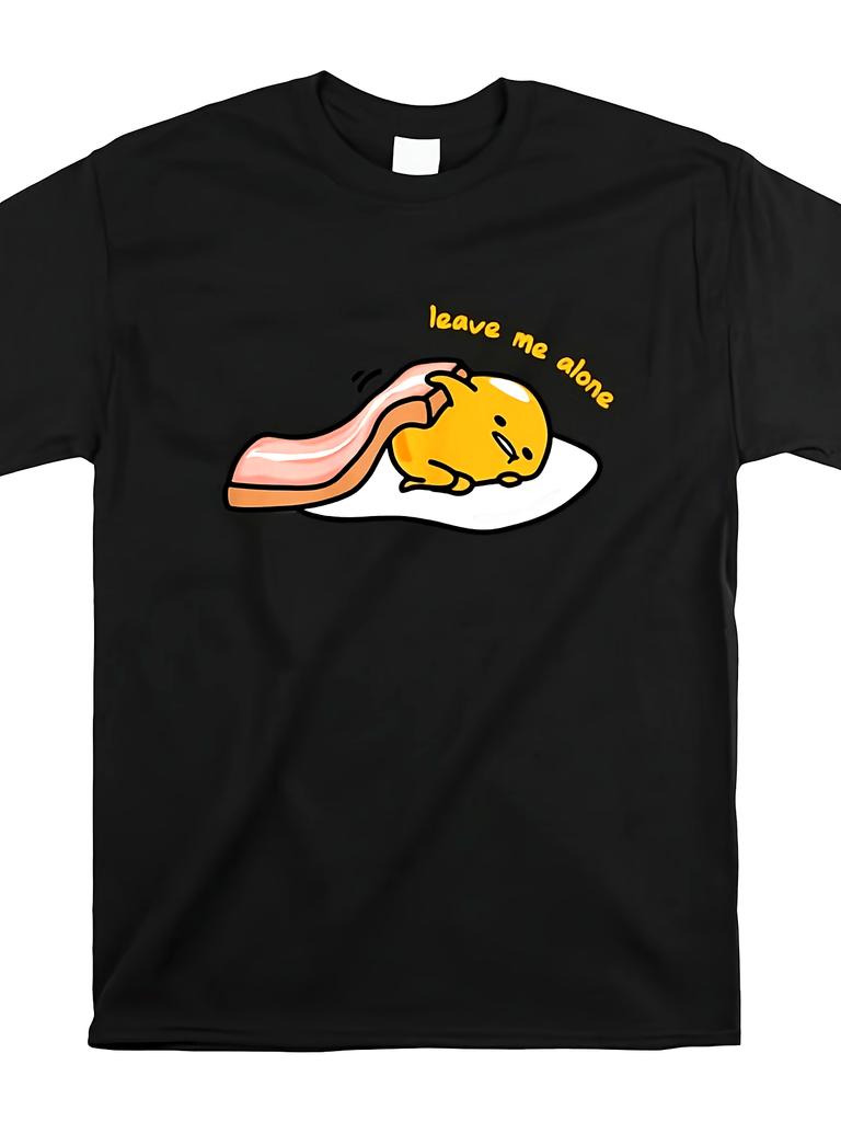 for Gudetama Leave Me Alone Graphic T-Shirt - Black Retro Style Short Sleeve Tee for Men & Women, 220GSM Pure, Regular Fit, All-Season Casual Wear, Cu