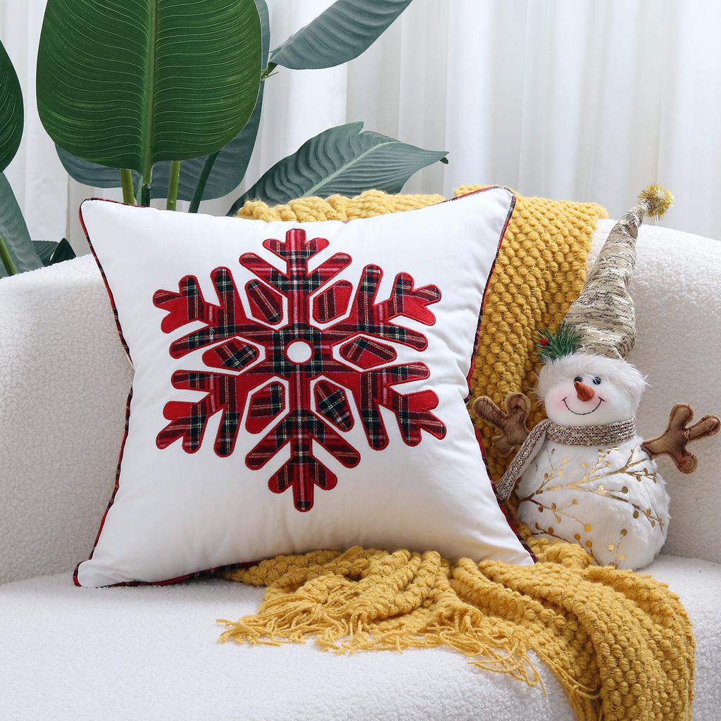 Christmas Embroidered Throw Pillow Cover, Snowflake Deer Design, Decorative Cushion Case for Couch Sofa Bed, Holiday Home Decor, Soft Velvet