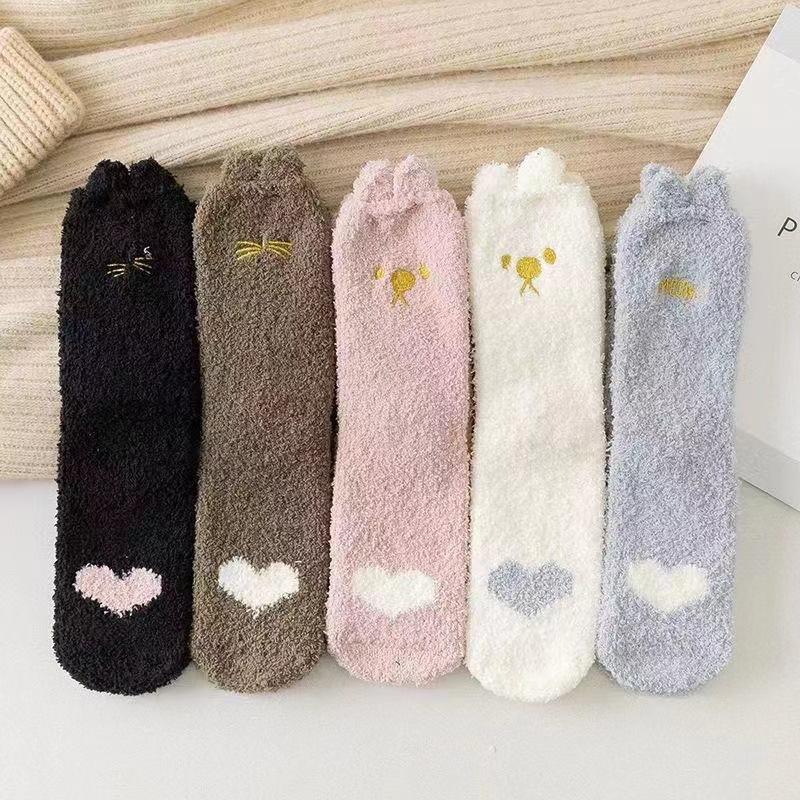 10 Pairs of Ladies Autumn Winter Thickened Warm Cat PAWS Stereo Small Ears Coral Wool Home Floor Socks